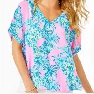 Lilly Pulitzer Casden Top Pelican Pink Lined Oversized FLowy XXS New